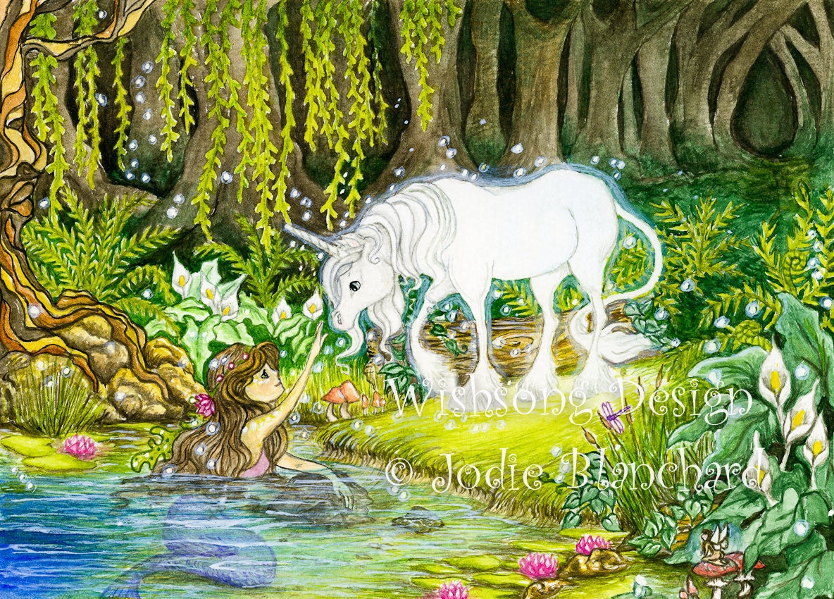 Unicorn Mermaid Fantasy Painting, girls room decor, unicorn painting "An Enchanted Encounter" 5 x 7 Print