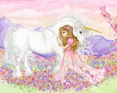 Unicorn Princess wall art, girls room decor, nursery decor " The Princess and the Unicorn " 8.5 x 12 inch Print