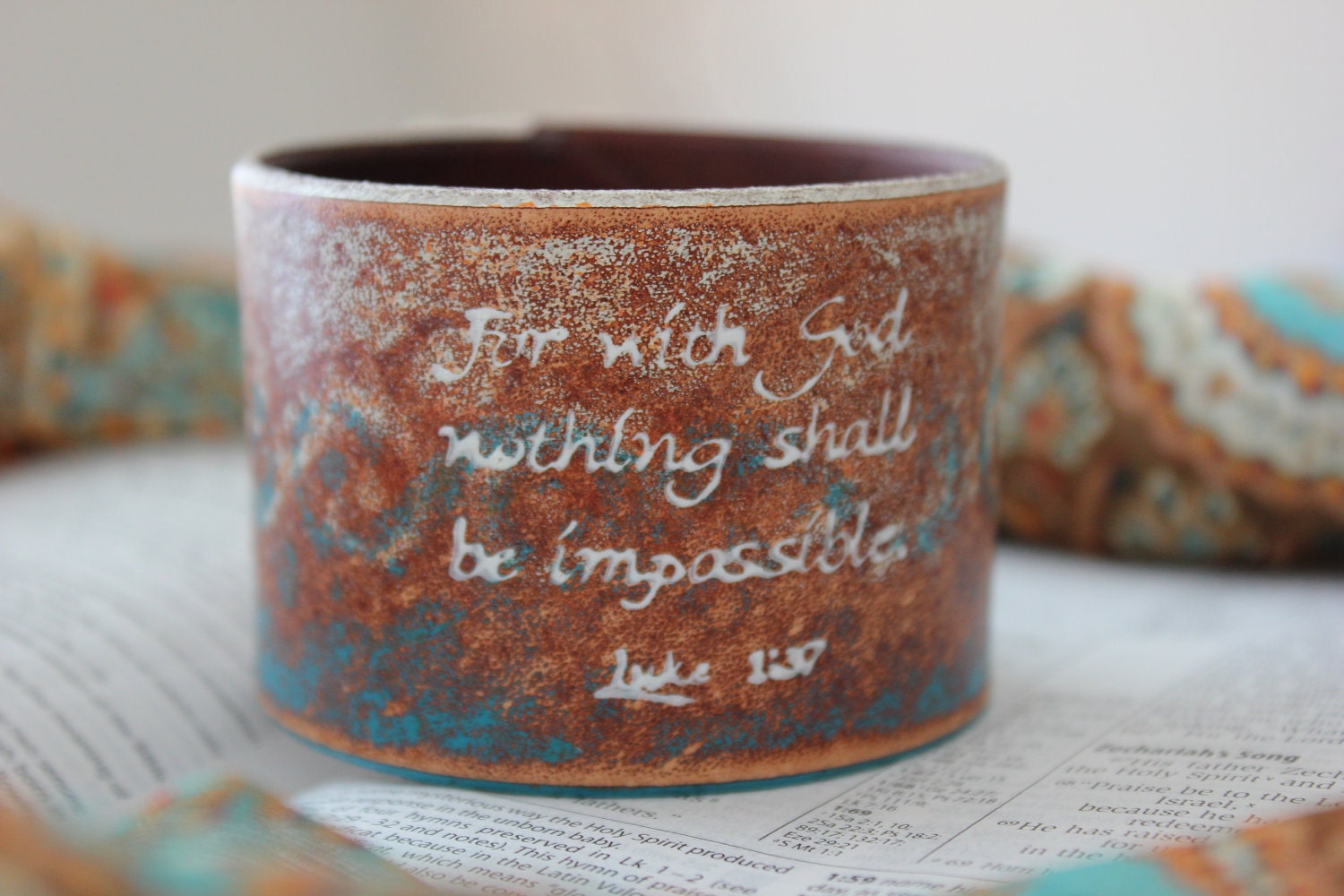 Painted Weathered Brown Teal and White Leather Cuff- Bible Scripture Verse