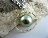 Light Sage Pearl in a Hammered Ring Necklace