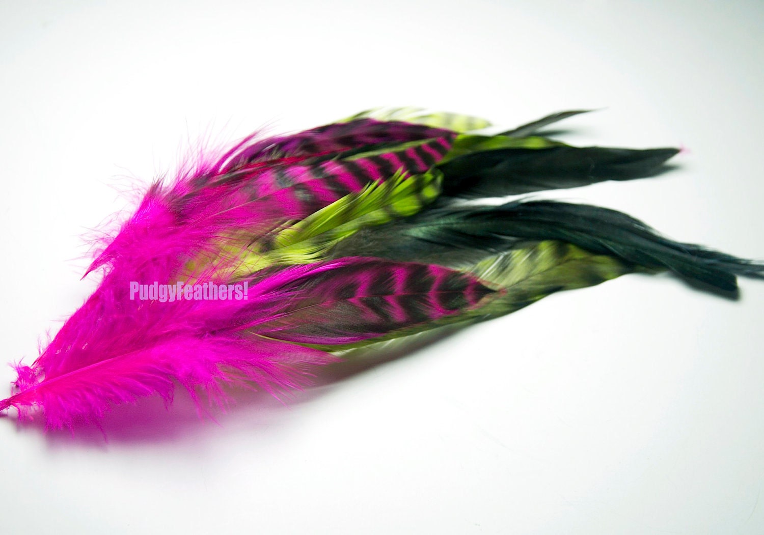 Feather MIXED SAMPLE Pink Green Iridescent Chinchilla & Rooster Feathers (mix15)