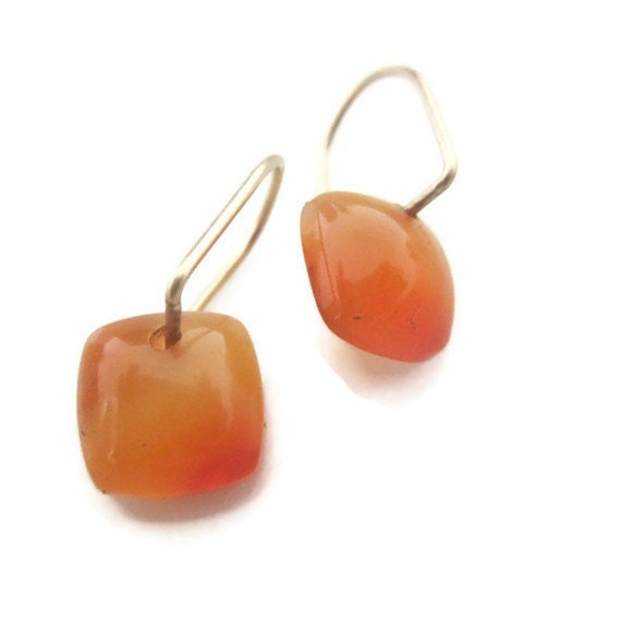 Carnelian Gold Earring Drops Small Square  Orange Stones - sheriberyl