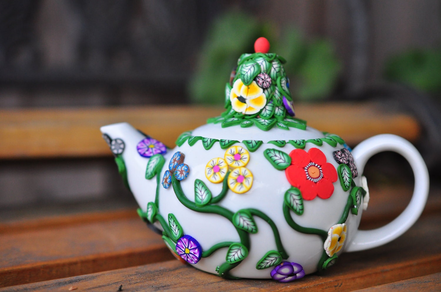 Polymer Clay Teapot 3D Garden Floral, Vines, Leaves