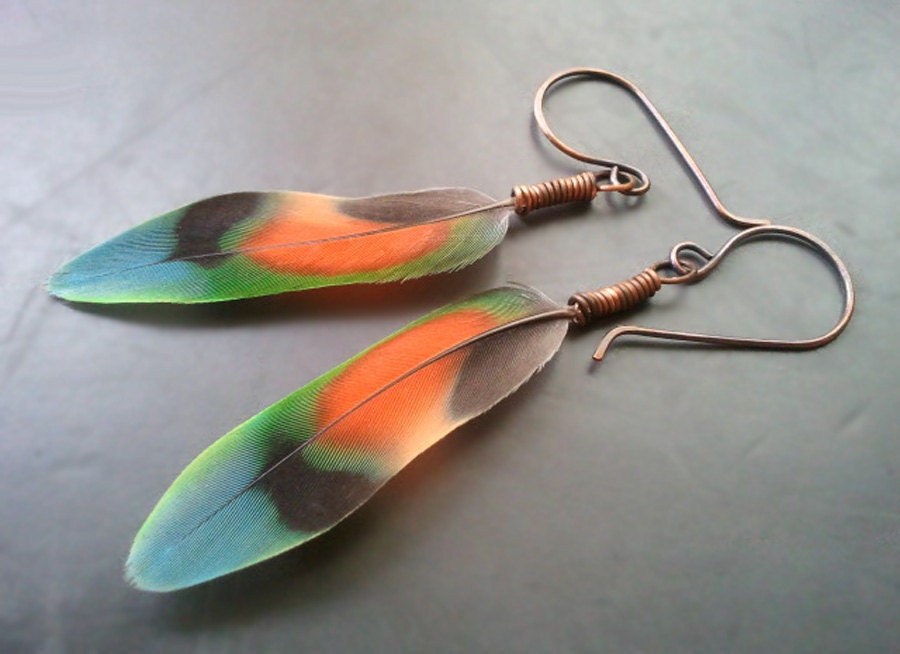 Antique Copper Wire Wrapped Peach Faced Lovebird Feather Earrings