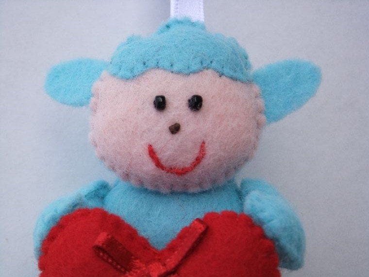 Felt LAMB SHEEP with love heart handmade hanging animal doll ornament decoration Valentines spring Easter Christmas Blue Red