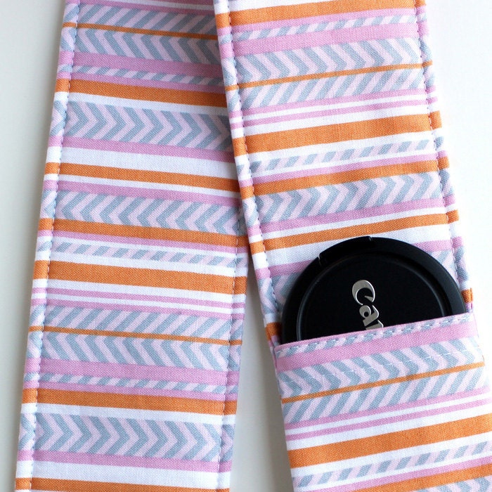 DSLR Camera Strap Cover - Padding and Lens Cap Pocket -  Chevron Pink Orange Grey Stripe