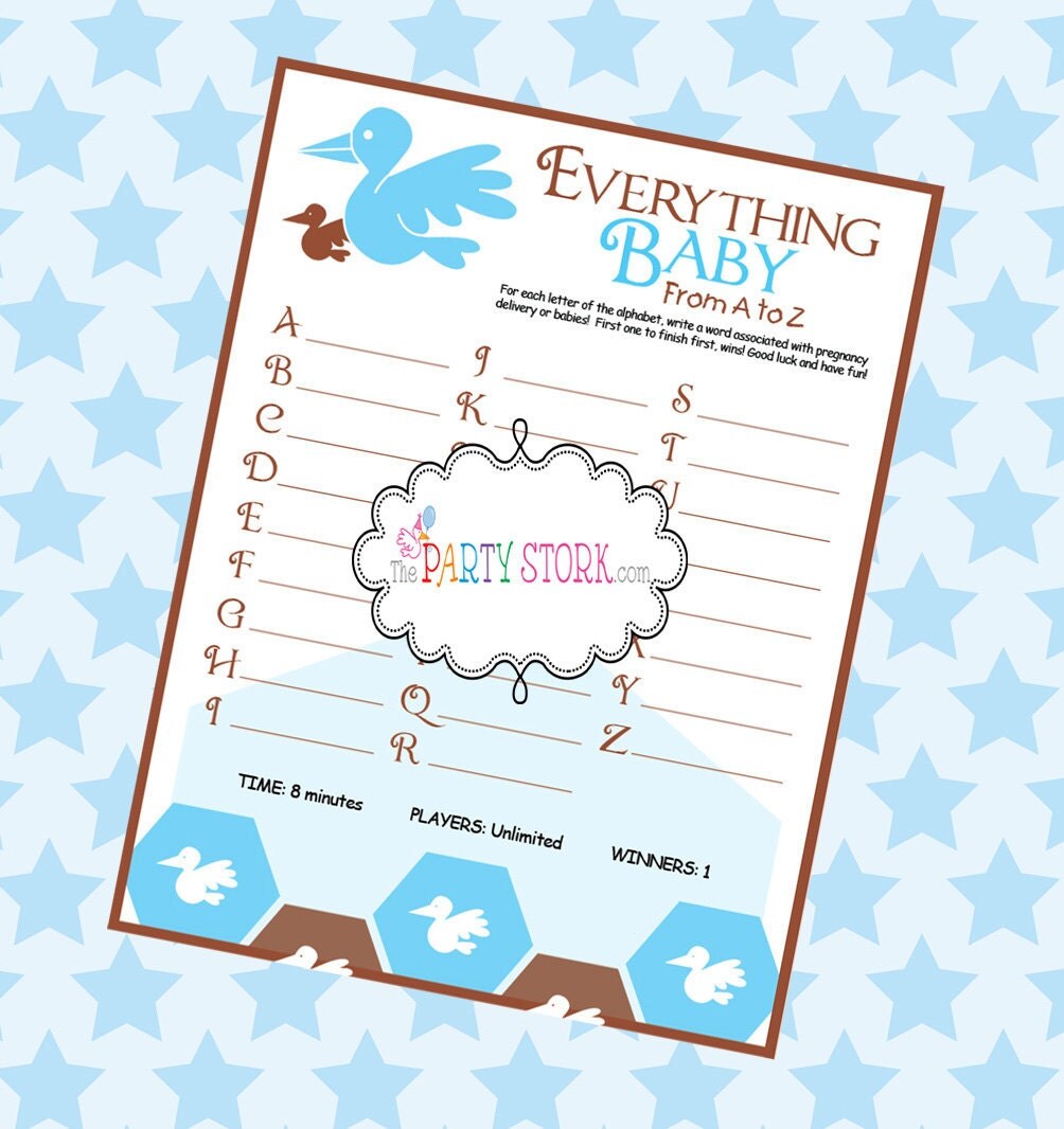 Everything A to Z Baby Shower Game PRINTABLE Game by thepartystork
