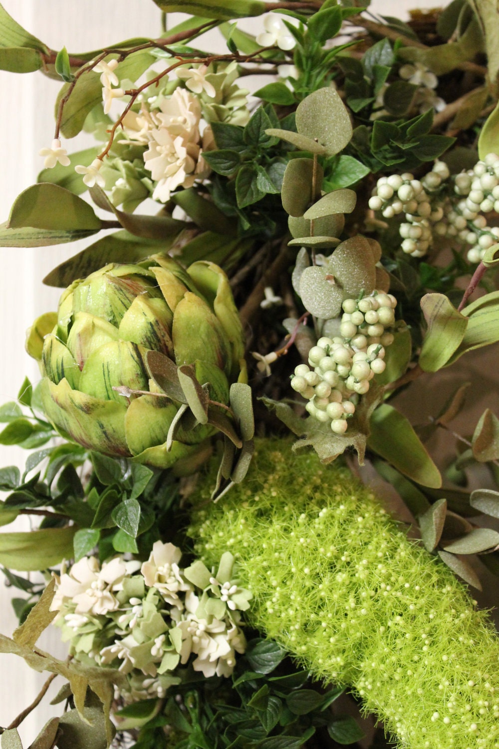 FREE SHIPPING -- Elegant Easter Wreath with Easter Rabbit / Artichokes / White Flowers