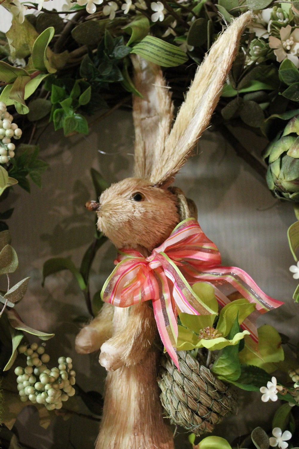 FREE SHIPPING -- Elegant Easter Wreath with Easter Rabbit / Artichokes / White Flowers