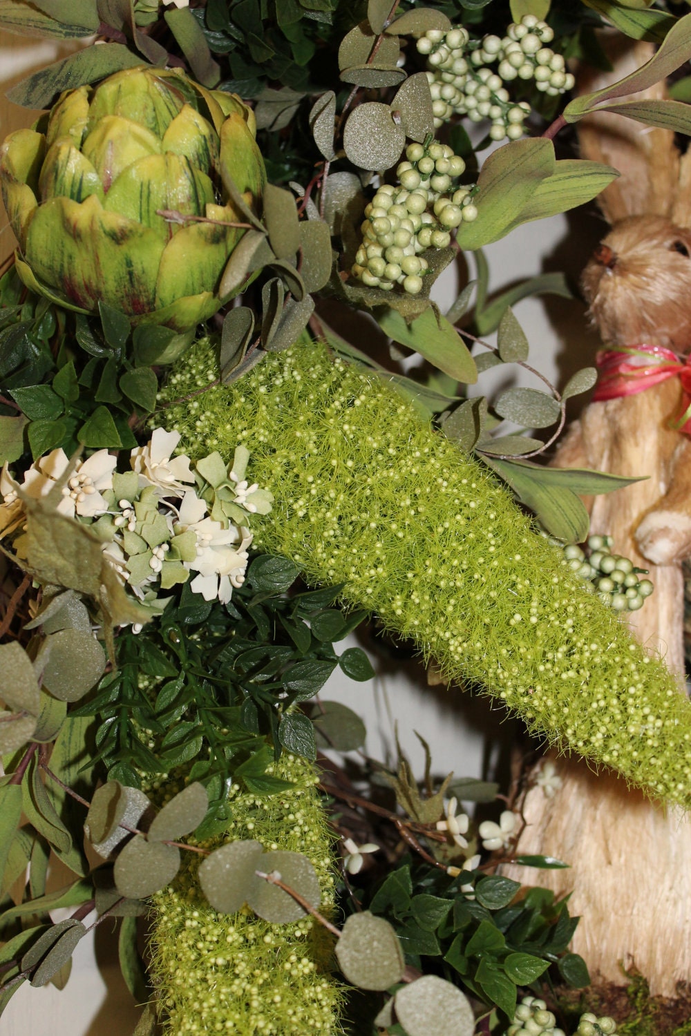 FREE SHIPPING -- Elegant Easter Wreath with Easter Rabbit / Artichokes / White Flowers