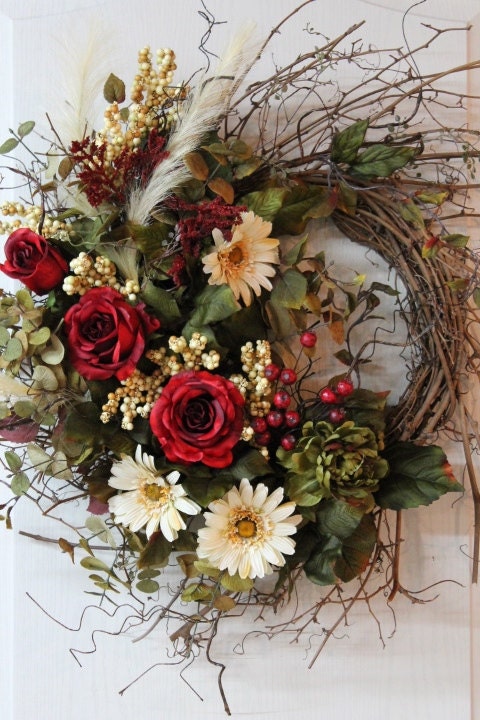 Front Door Twig Wreath, Red Roses, Daisies, Peony, Feathers, Berries, Great Gift -- FREE SHIPPING