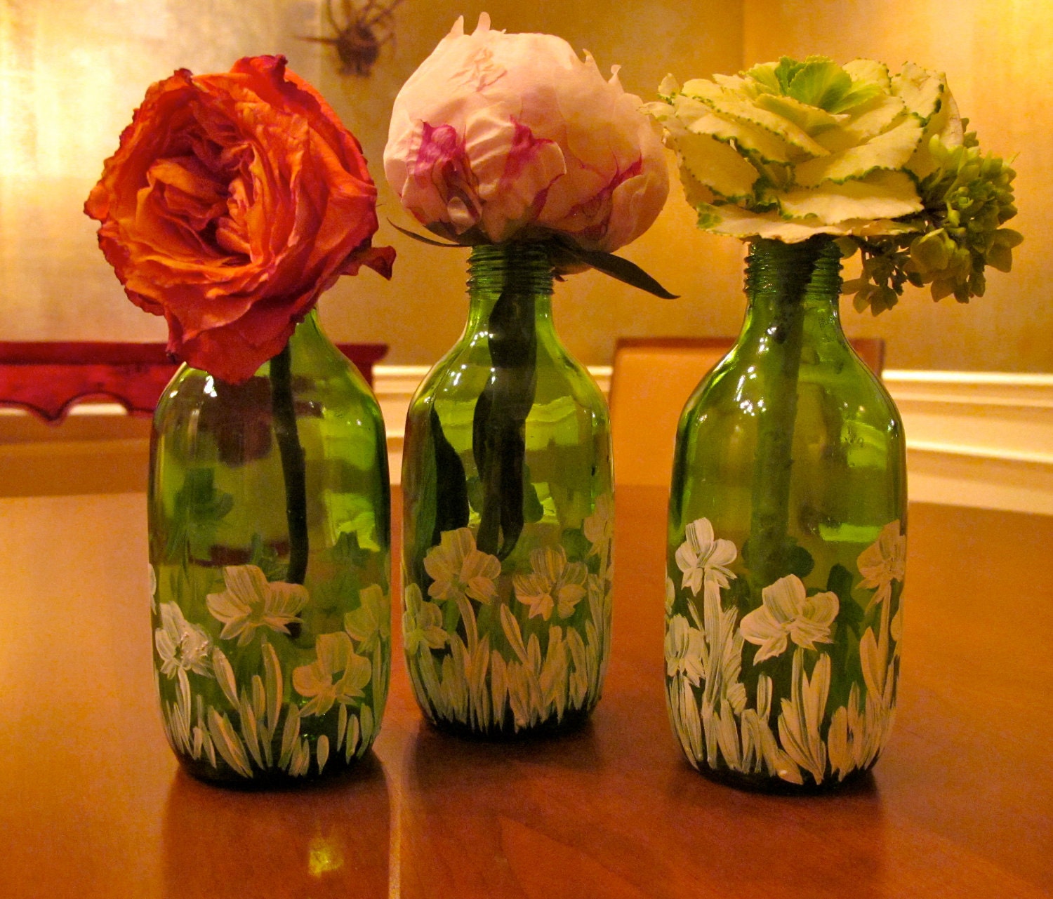 HandPainted Green Glass Vases