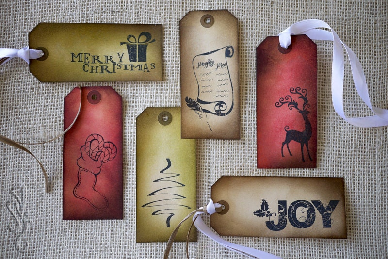 Christmas Gift Tags - Handmade Vintage Set of 6 Red, Green, and Brown Tags w/ Ribbon & Raffia