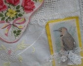 Birds and Flowers Storage Pocket Art Quilt  Shabby Chic Wall Hanging