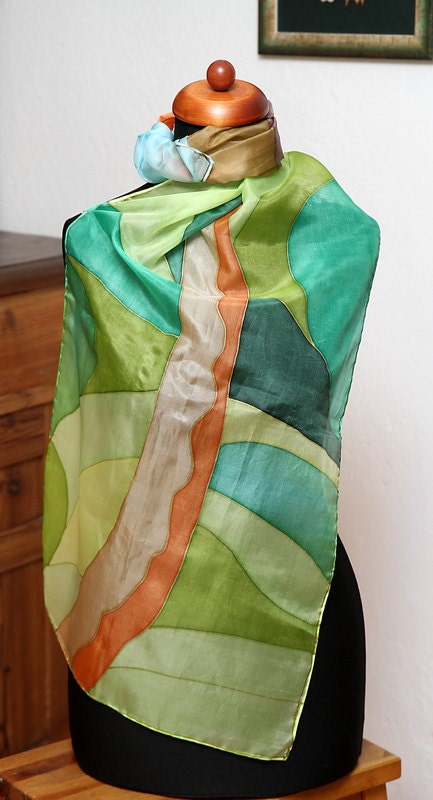 Mediterranean Landscape - long, hand painted silk scarf. Free shipping