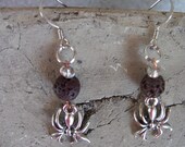 Halloween Spider Earrings Creepy Costume Silver Finish, Lava Bead READY TO SHIP