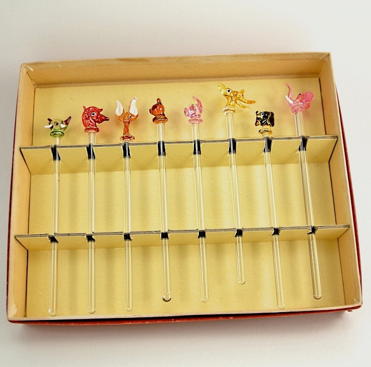 Vintage Glass Swizzle Sticks Animals Hand Blown Cat Dog Horse Bear Elephant Reindeer Giraffe Pig 1940s 1950s