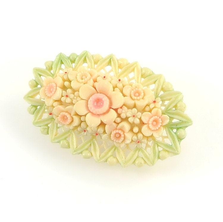 Vintage Flower Brooch, Celluloid Plastic Brooch, Occupied Japan, 1940s Hand Painted Plastic Jewelry, Pastel Pink Green Ivory