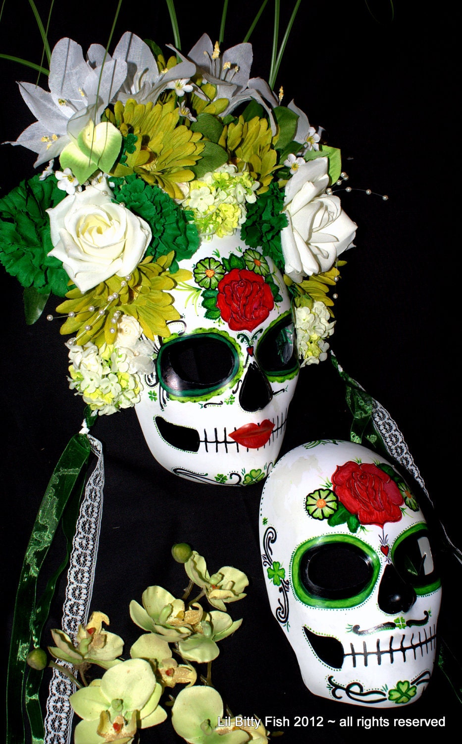 Wedding Masks : Custom Sugar Skulls Set of 2 Day of the Dead Rockabilly