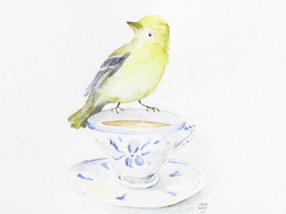 Tea Bird watercolor yellow goldfinch delft cup art print