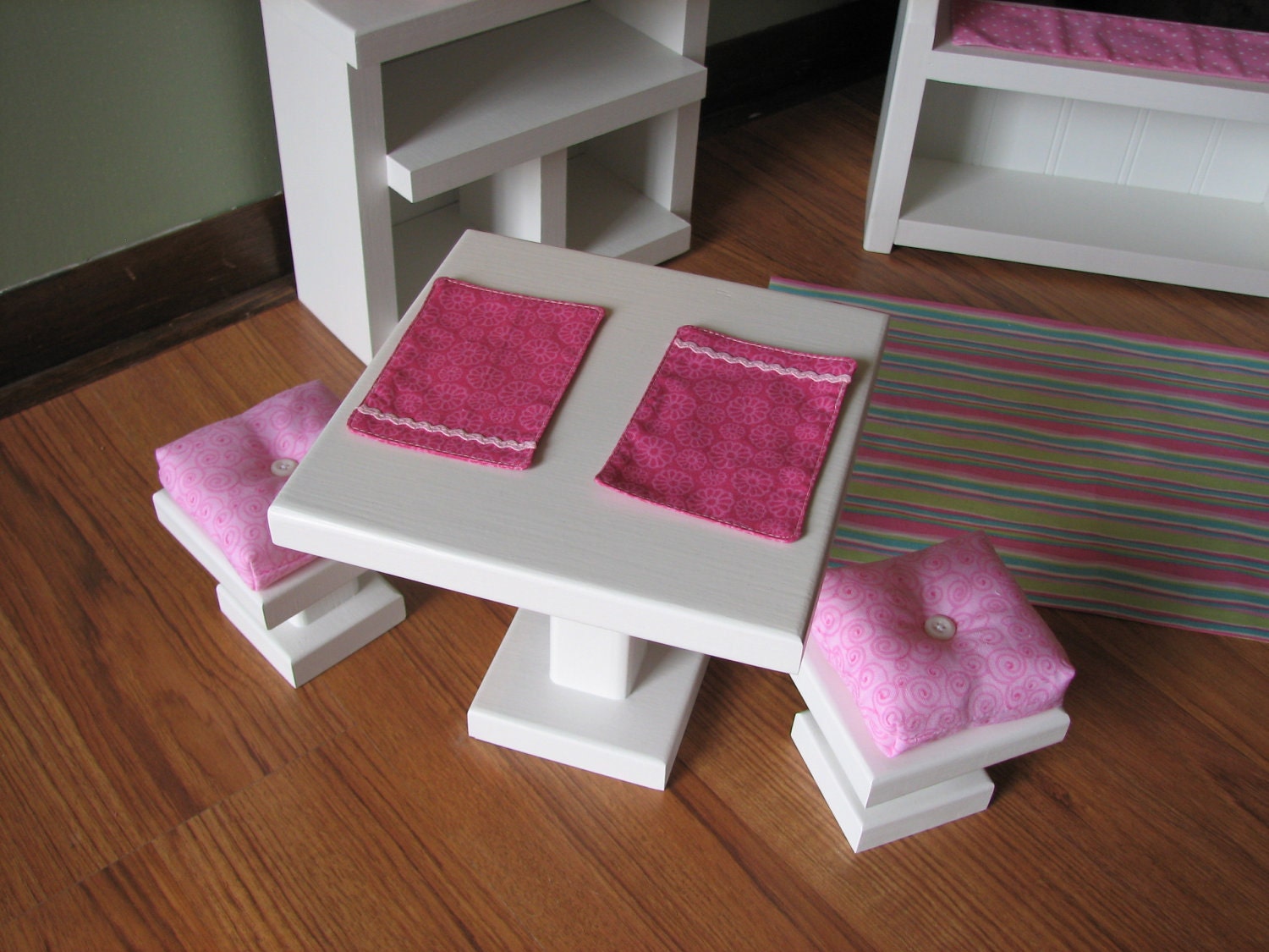 Cafe Side Table with Cushioned Bar Stools and Placemats - Sweet Shop Cafe / Bakery Set for American Girl or other similar 18" dolls