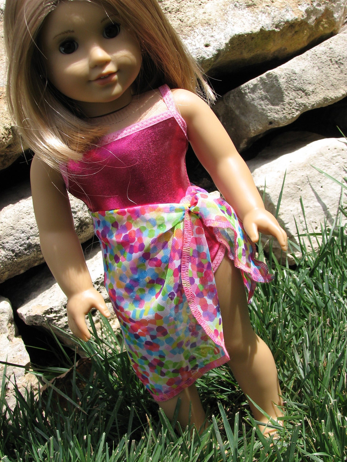 Swimsuit and Sarong for American Girl Doll Clothes / 18" Doll clothing - Bright Shiny Pink