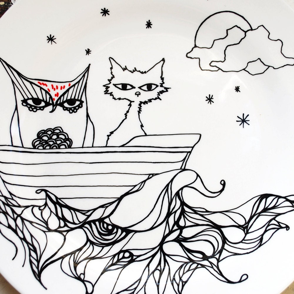 Owl & the Pussy Cat Hand Drawn Plate
