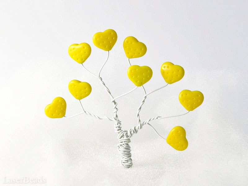 Large Bright Yellow Heart Beads 12mm (12)  Czech Opaque Glass Pressed Druk Love Day Tree - LaserBeads