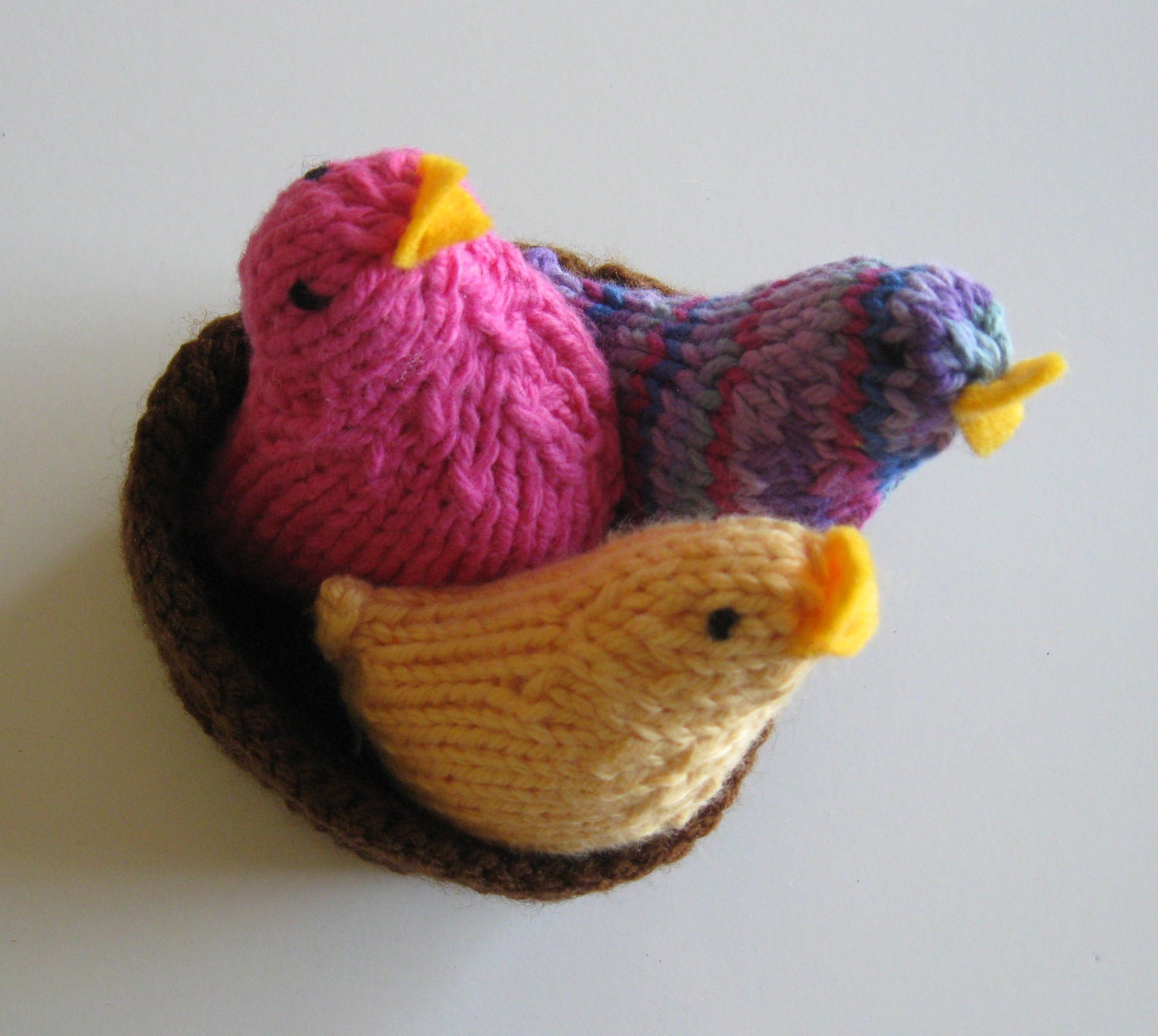 Knitted Birds in a Nest Yellow Pink and by TheRobinsonsHouse