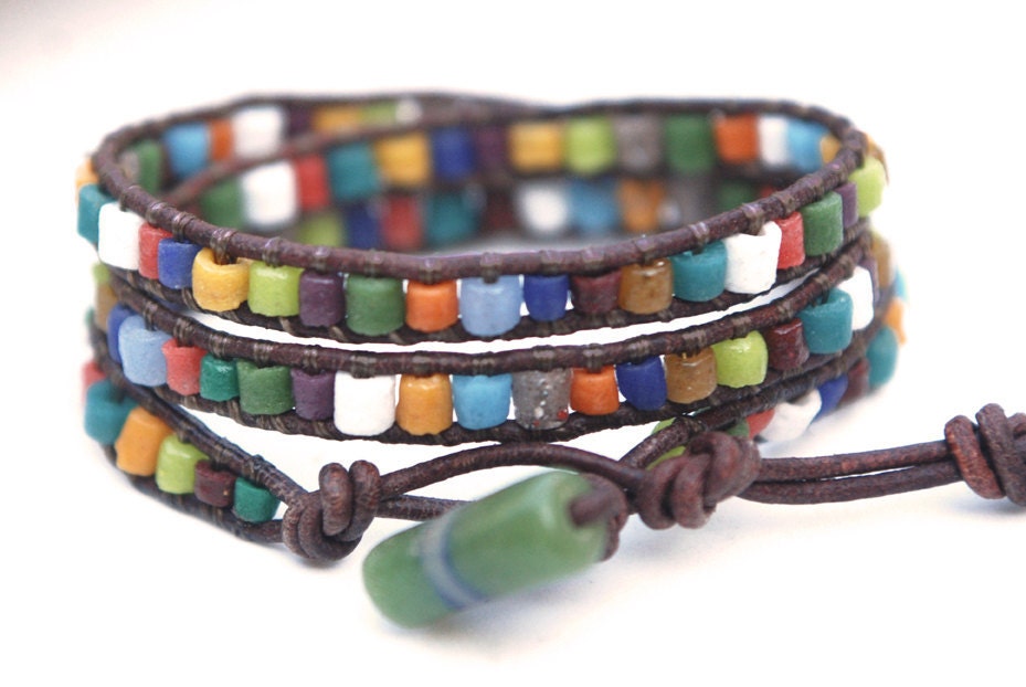 African recycled glass beads leather wrap bracelet. Colorful jewelry. For men or women. Ethnic look. WGA3v001