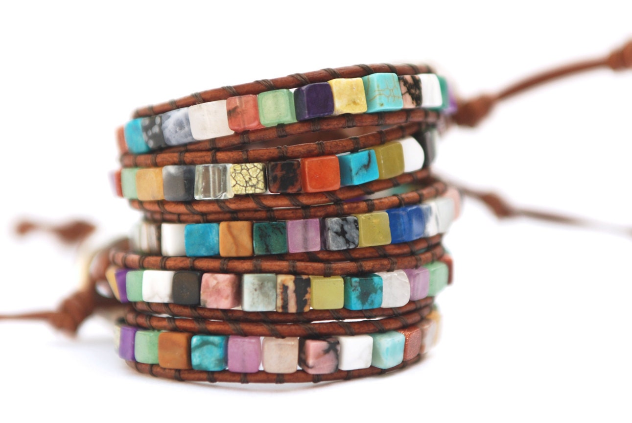 Leather wrap bracelet. Surprise leather bracelet (one layer). Mix of gemstones . Summer jewelry. Autumn colors. WSC1v001