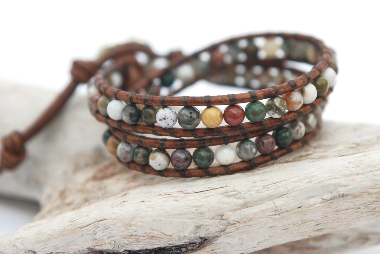 Double leather wrap bracelet with 4mm Ocean Jasper round beads and silver plated button. Wrap leather bracelet. WSR2v007