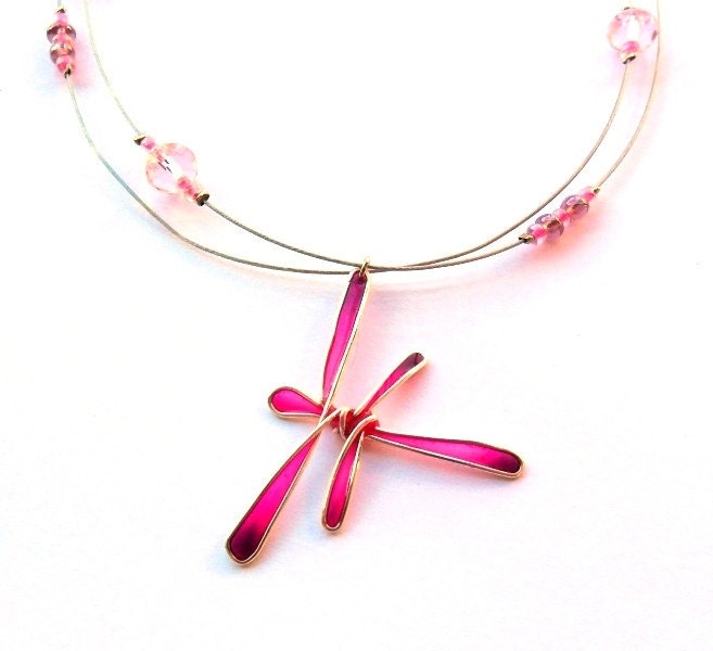 Dragonfly necklace, neon pink resin pendant, nature inspired