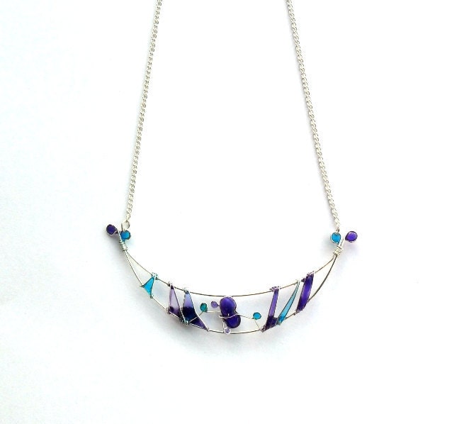 SALE -30% Semi Lunar Necklace - Purple Turquoise Resin Necklace - Wire Wrapped Necklace teamt