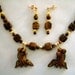 Statement Necklace, Tiger Eye Gemstone Carved Gold Fish Beaded Necklace with Matching Earrings and Gold Tone Beads