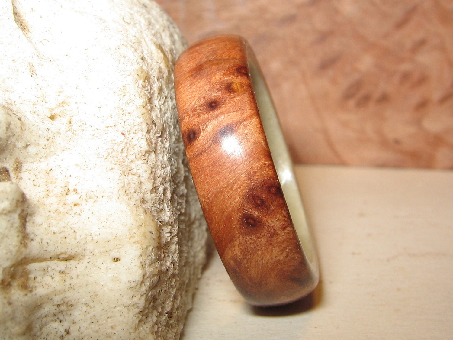 Redwood Burl lined with Antler, Custom Wood and Antler Ring