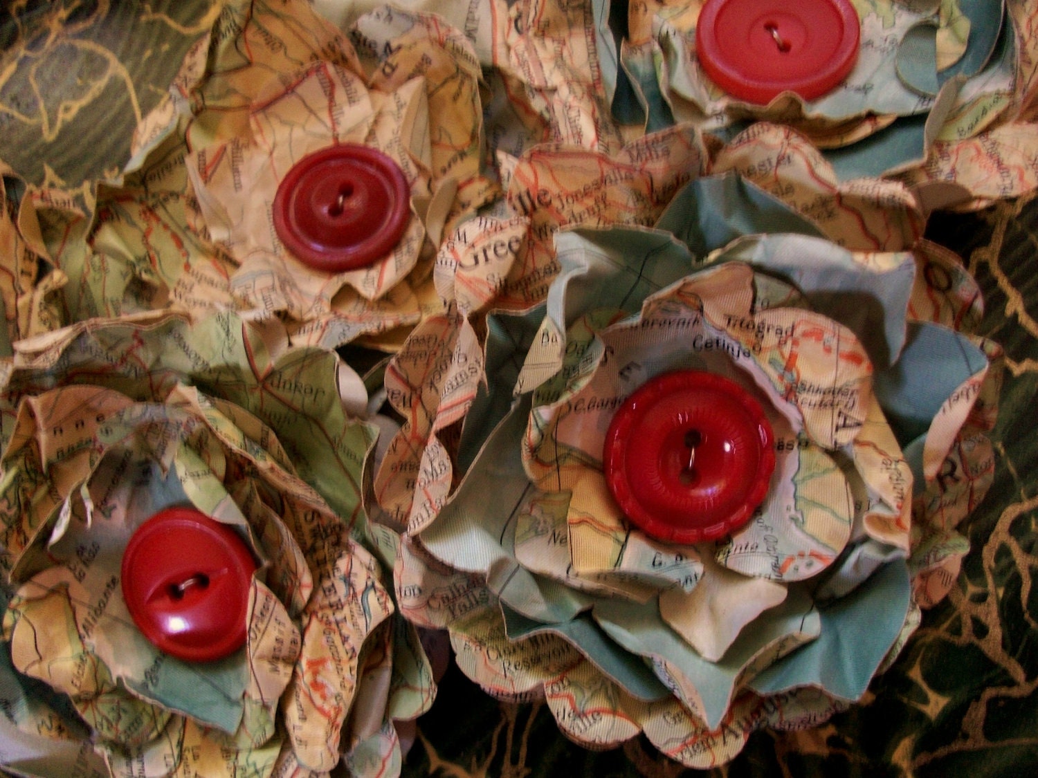 Paper Flowers Vintage Atlas Red Buttons Repurposed Recycled Upcycled Shabby Set of 3