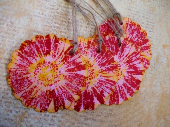 HANDMADE Tags LAST SET of 4 Red Yellow Pink Flower