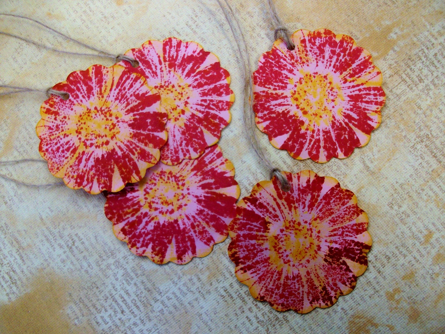 HANDMADE Tags LAST SET of 4 Red Yellow Pink Flower