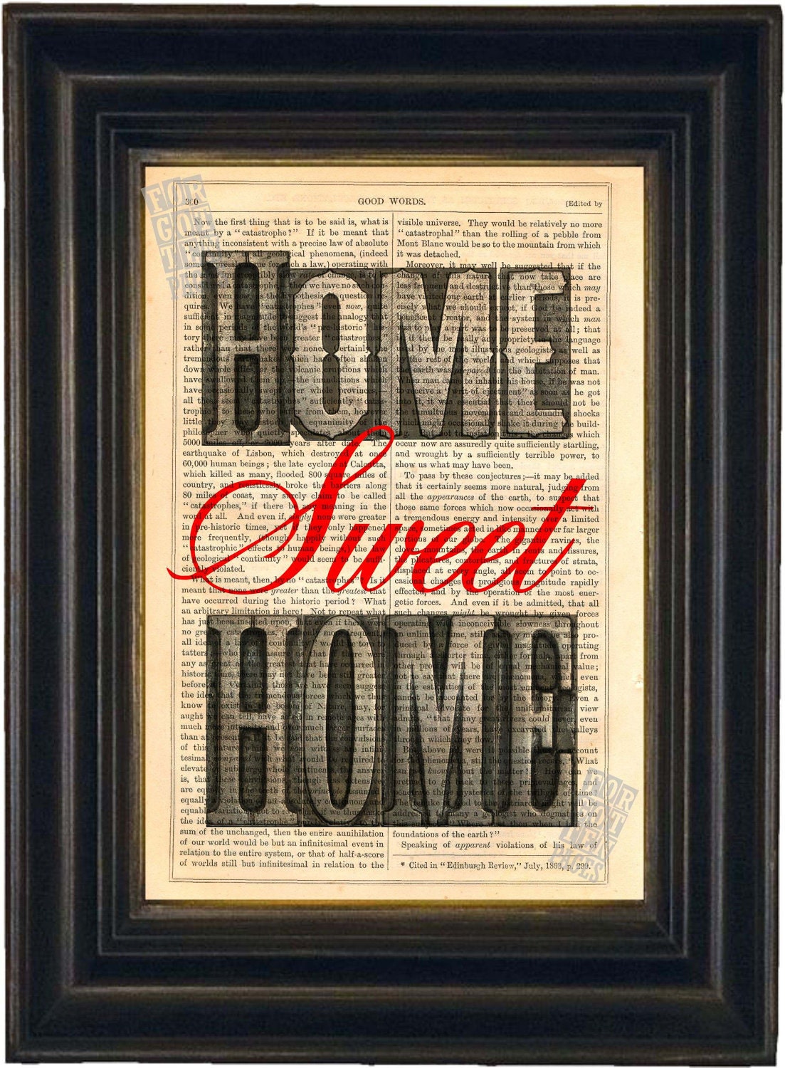 Home Sweet Home in Old Woodtype print on upcycled Vintage Page mixed media digital