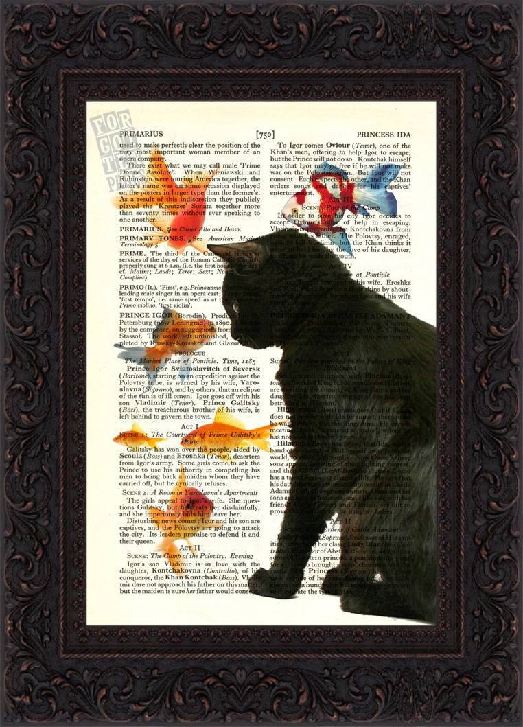 Cat Print       Black Cat with Goldfish Print on repurposed vintage  page - ForgottenPages