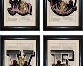 Love Print      Set Of 4 Love Letters with Cherubs  Prints  on upcycled Vintage 1860's Pages mixed media digital print art