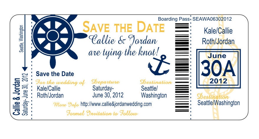 Nautical Boarding Pass Save the Date or Wedding Invitation - DIY Printable