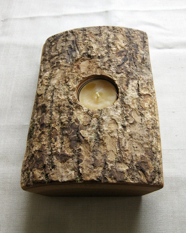 Split wood log candle holder with bark on reclaimed eco rustic farmhouse gifts under 50 133L