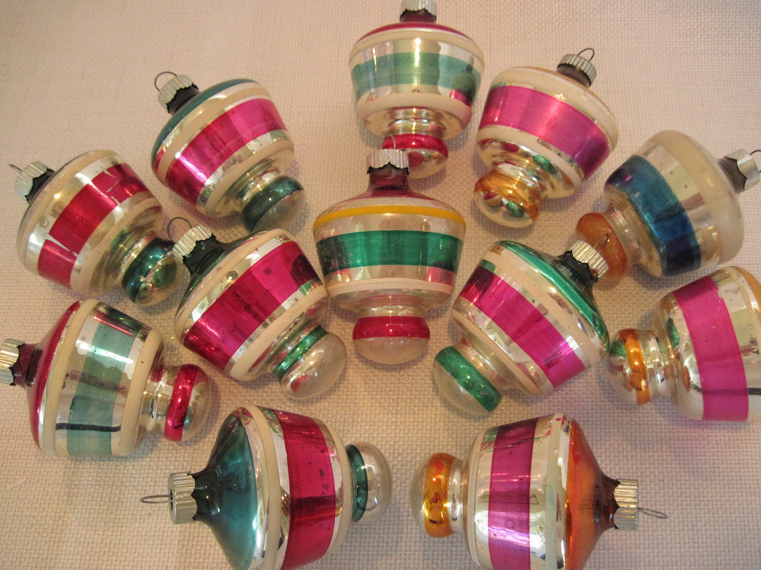 Vintage Glass Shiny Brite Striped Top UFO Shaped Christmas Holiday Ornaments - One Dozen Boxed