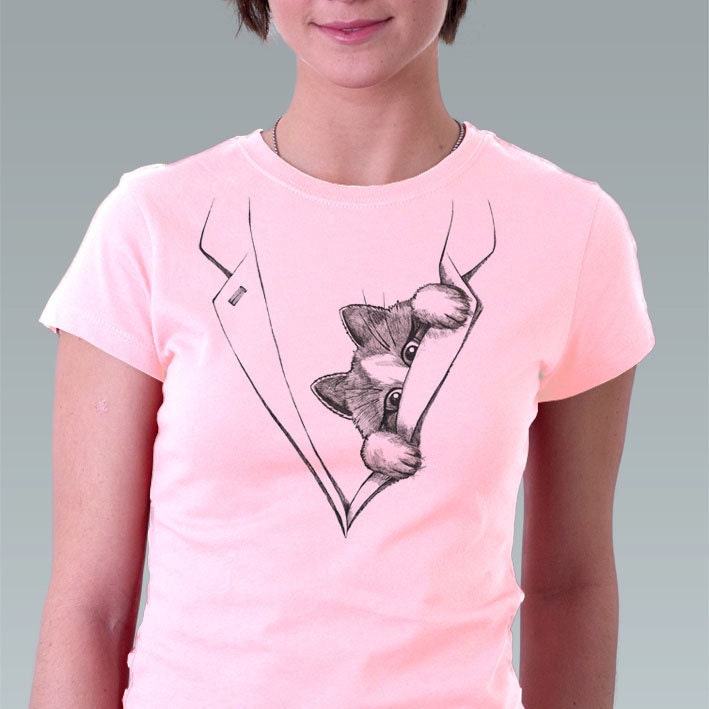 Pink Playful Cat Looking Out Valentine Original Art Print Women T-Shirt - Sizes S, M, L, XL