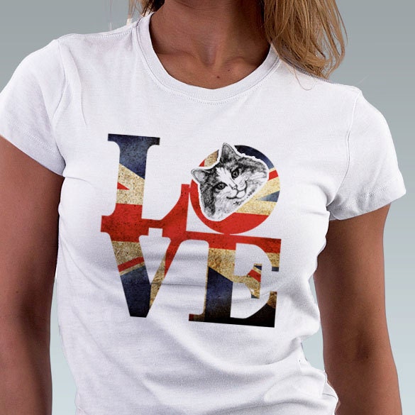 Cat T-shirt LOVE Philadelphia Vintage Punk British Flag Kitten Cat Kitty Art Print Robert Indiana Cat Lover  Women T-Shirt - White S, M
