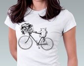 Cat Shirt Kitty Cat Kitten Bike Bicycle Flower Bouquet Art Print Ladies T-Shirt Cat Lover Cute Gift - White or Pink - Sizes XS, S, M, L, XL