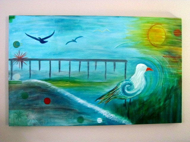 Wall Art Original Beach Watercolor Painting, Abstract Sea Seashore Seagull Waves Sun Pier Blue Green Yellow Orange, 30"x48"