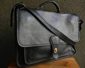 Vintage Black Cowhide Leather Messenger Briefcase with Crossbody Strap